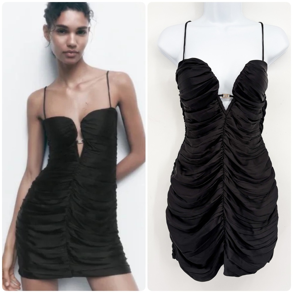 Zara Womens Black Ruched Rhinestone Buckle Glam Bodycon Party Mini Dress Size S